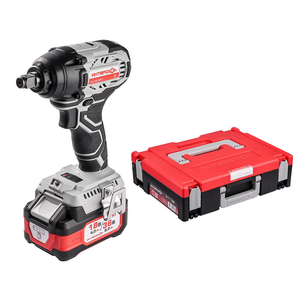 Аккумуляторный ударный гайковерт ИНТЕРСКОЛ ГАУ-350/18ВЭ с бесщеточным (вентильным) двигателем + МультиБОКС Малый 100